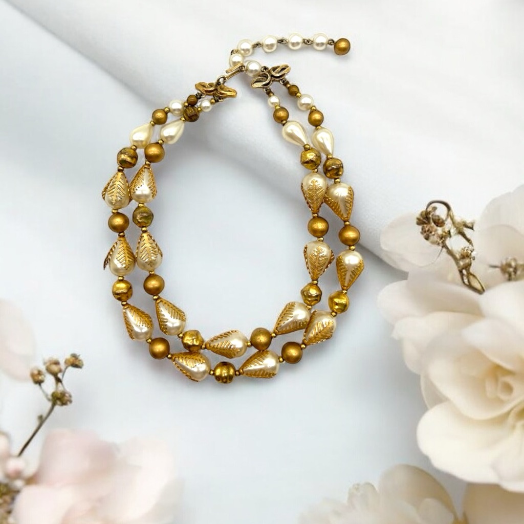 Vintage Deauville Gold Tone Double Strand Caged Pearl Necklace Gorgeous!